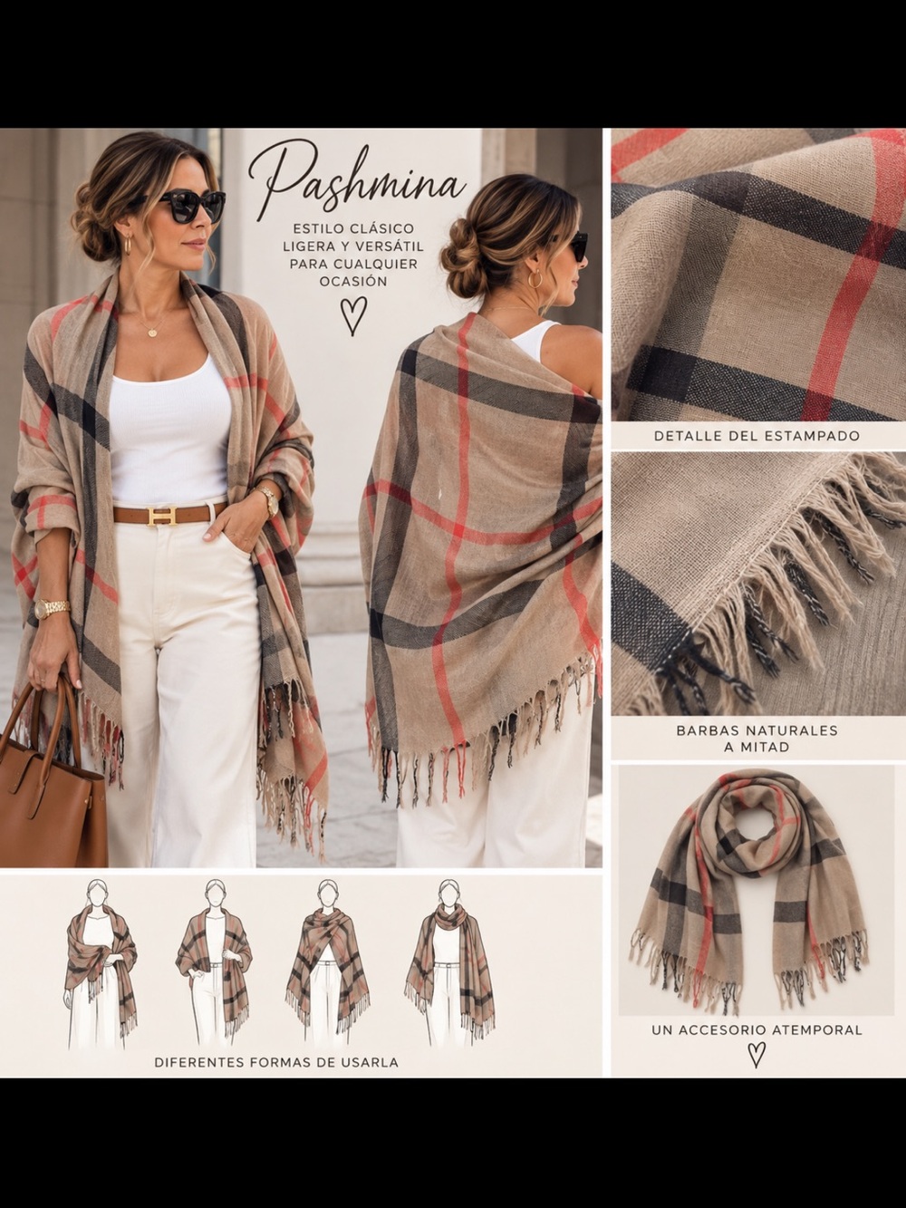 Pashmina Classic Plaid Shawl - Beige with Red & Black Accents